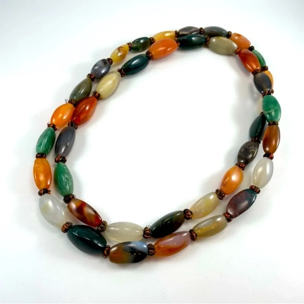 Vintage Multi Colored Natural Polished Agate Aventurine Stone Necklace Stunning